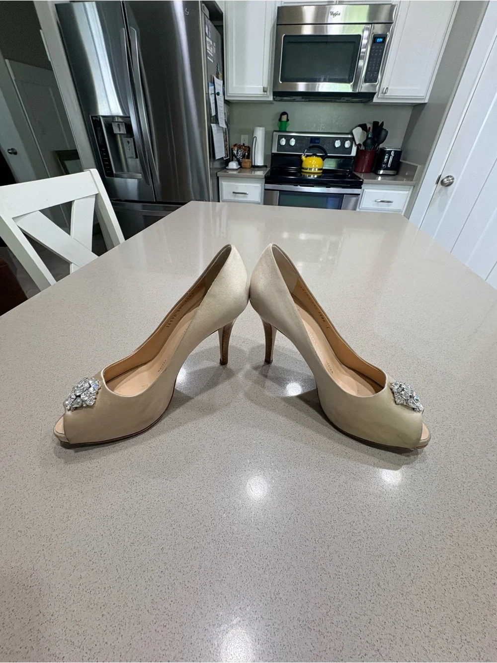 Giuseppe Zanotti beige satin peep toe pumps with Swarovski details